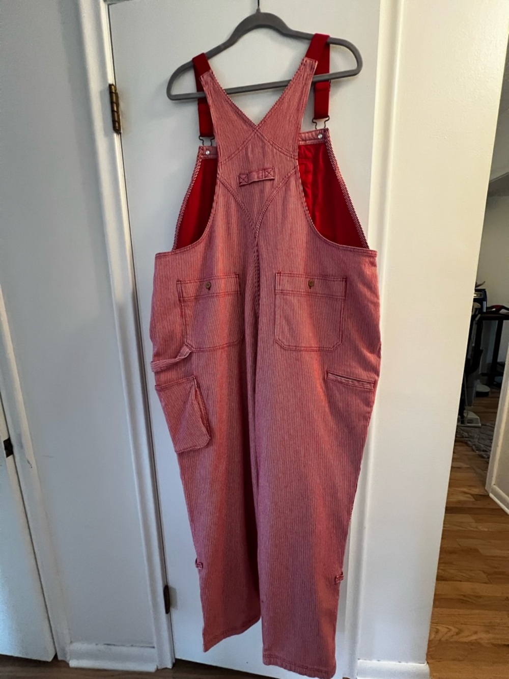 Duluth Trading Co Pink Cotton Overalls with Red Straps - Picture 3 of 6